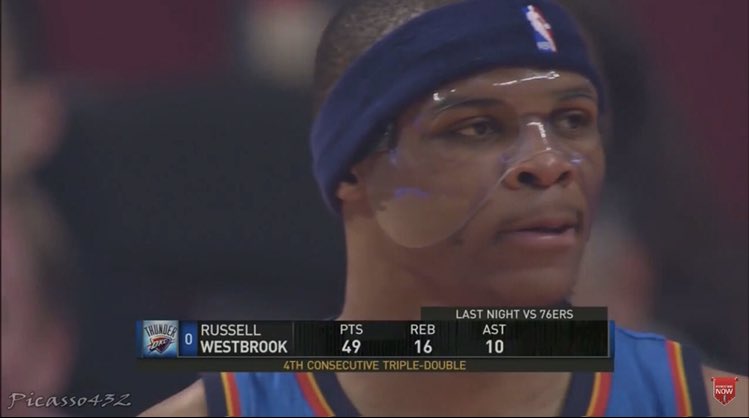 Throw back to when Russell Westbrook got a broken face late in a game against Portland, had surgery, only missed one game, and did this in his return 🐐

A lot of you guys favorite players miss more than one game just from soreness 😮‍💨