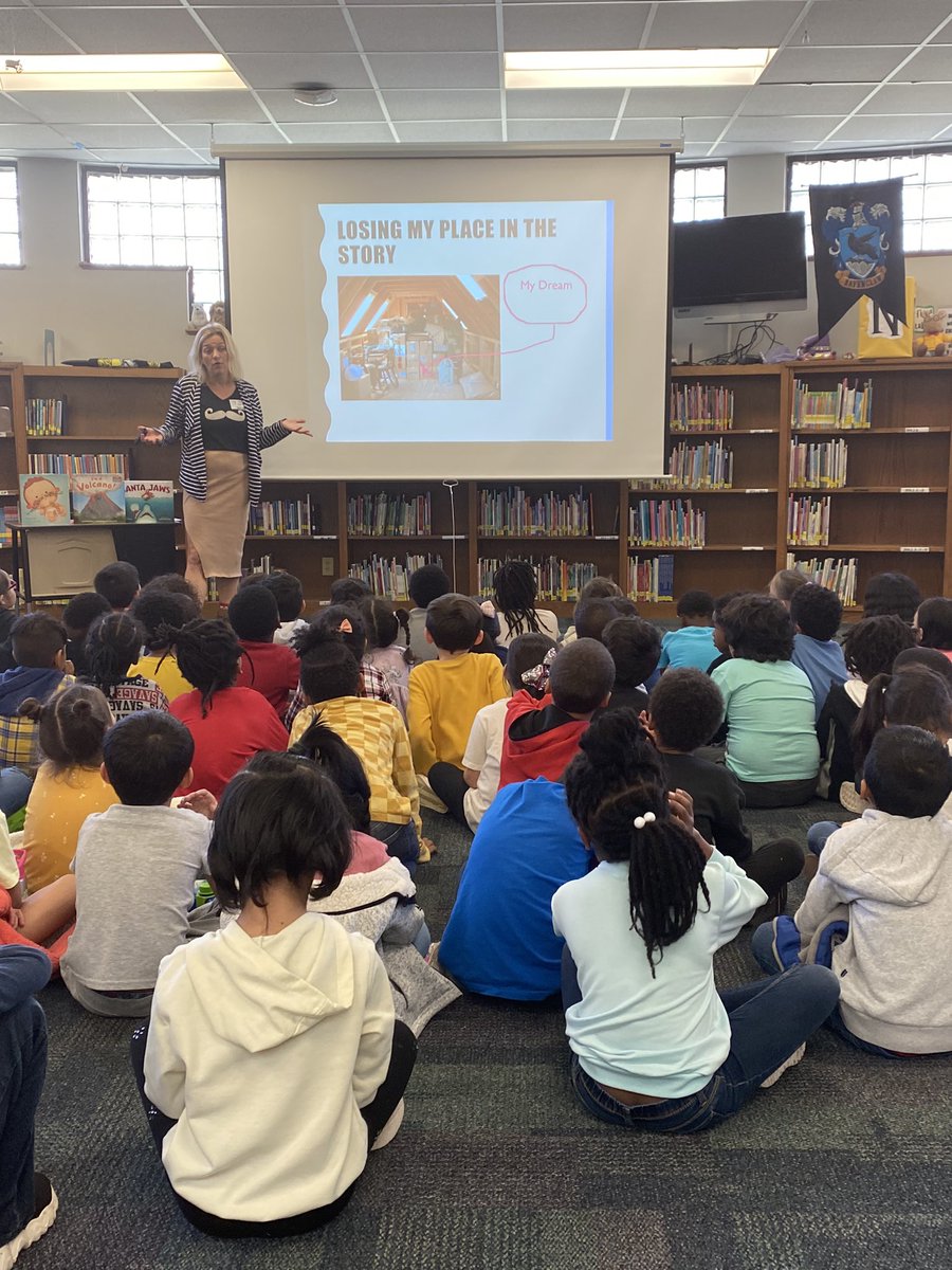 NWES_Library's tweet image. We LOVE having @bridgetheos here at our school today!!! Our kindergartners and first graders are LOVING hearing what it’s like to be an author!!! #pfisdreads #authorvisitsrock