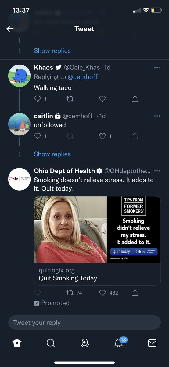 TheRedBarron_'s tweet photo. @cemhoff_ ODH hit you with a quit smoking ad in the comments. I’m not really sure what that means but it’s definitely not a good sign. I’ll pray for you Caitlin https://t.co/oM8hdE4Azx