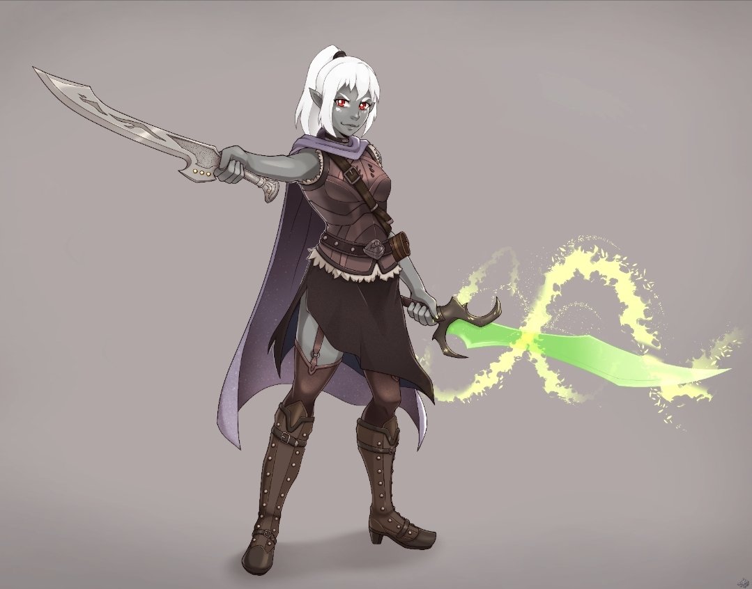 corner_scrub's tweet image. #Drowcember 3 of 4 from Wolfkerg: Horrodisimoth, a rogue with some serious weaponry. Fun fact, both of her swords and Leshriirs share history