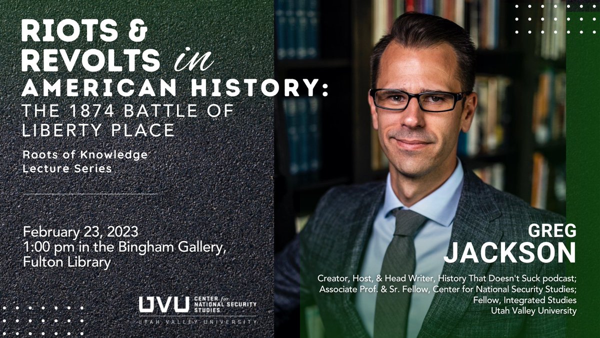 HTDSpod's tweet photo. Join Professor Jackson for a public lecture at Utah Valley University on February 23rd @ 1pm. This lecture is free and open to the public. Hope to see you there!
#HTDS #HTDSPodcast #AmericanHistory #HistoryProfessor #HistoryTeacher #History101#HistoryPodcast https://t.co/rjzmV9HGal