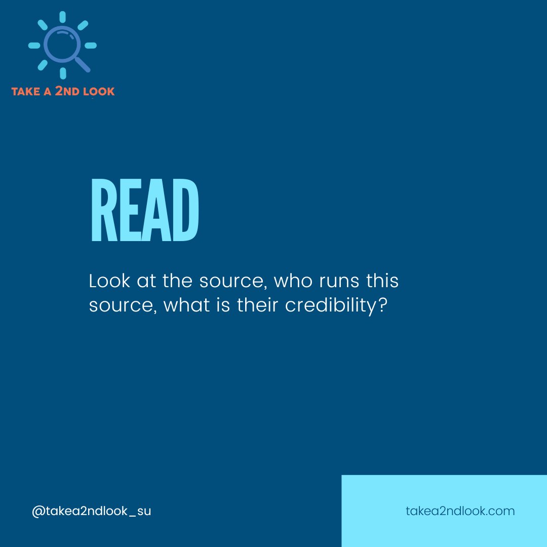 Takea2ndLook_SU's tweet photo. The Take a 2nd Look campaign is to give people actionable steps to combat misinformation and become more news literate. Here are three simple steps to improve your news literacy today!

#TakeA2ndLook #TakeA2ndLook_SU #NewsLiteracy #NLP #RumorGuard https://t.co/2QzDJpBNFC