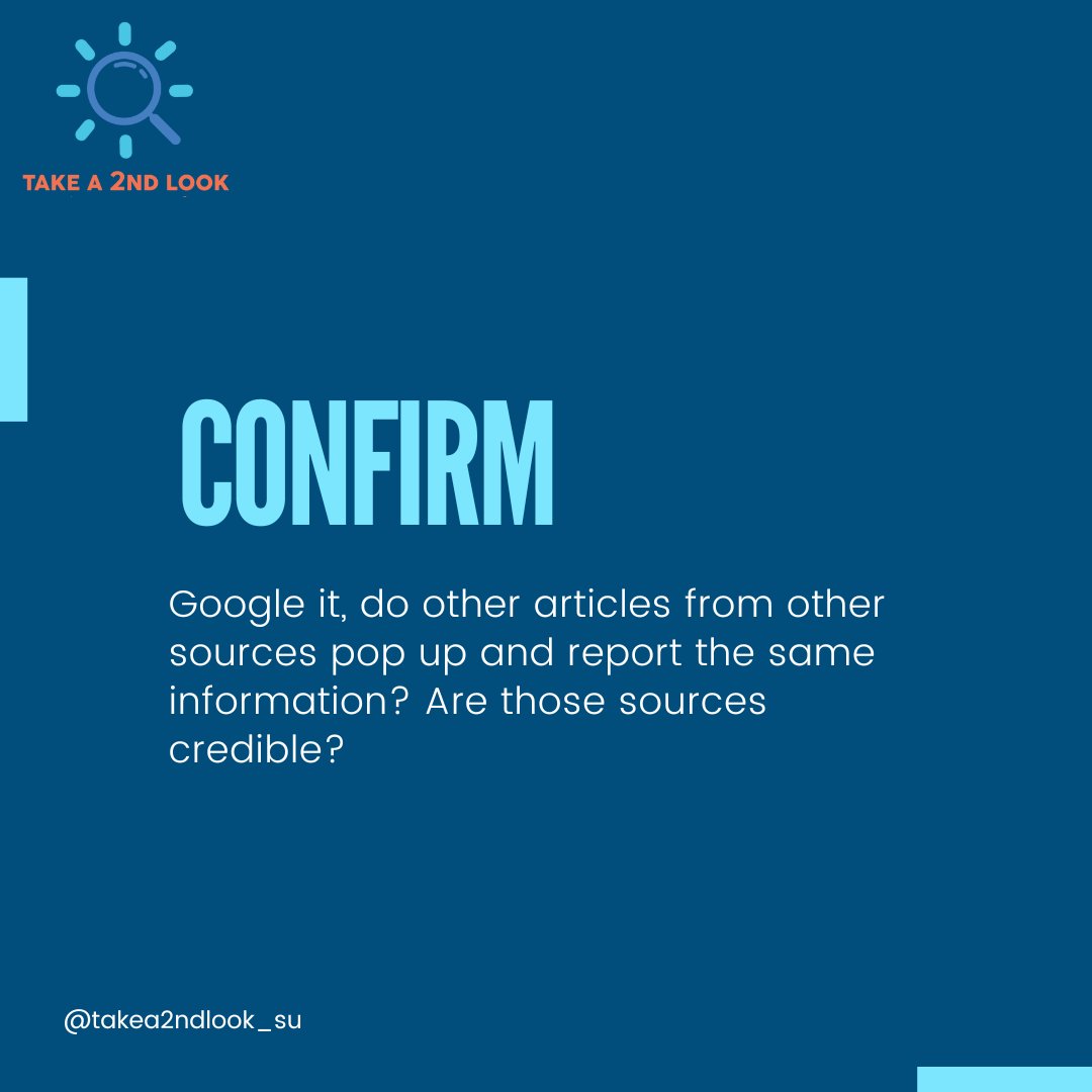 Takea2ndLook_SU's tweet photo. The Take a 2nd Look campaign is to give people actionable steps to combat misinformation and become more news literate. Here are three simple steps to improve your news literacy today!

#TakeA2ndLook #TakeA2ndLook_SU #NewsLiteracy #NLP #RumorGuard https://t.co/2QzDJpBNFC