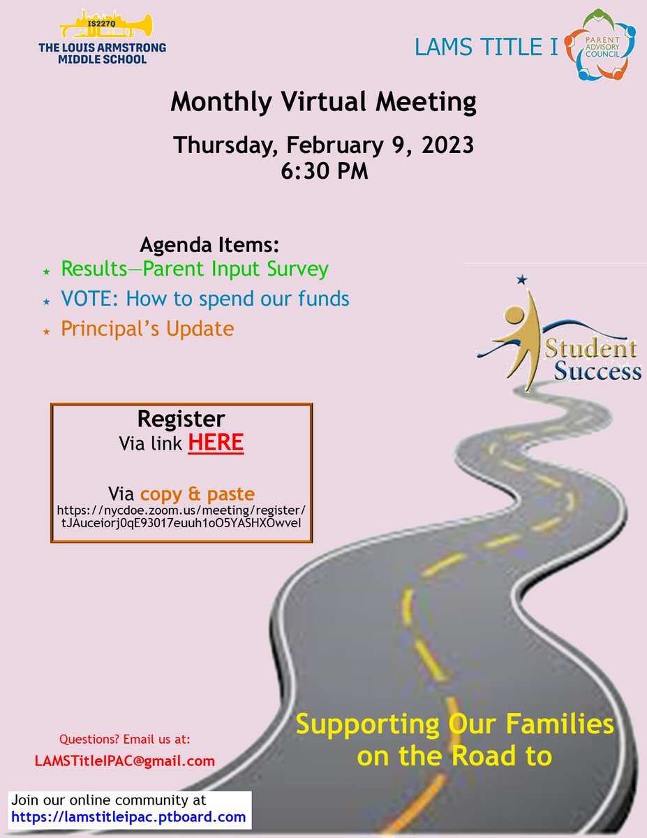 IS227Queens's tweet photo. Come join our Title 1 PAC Meeting this evening!
¡Únase a nuestra reunión de PAC de Título 1 esta noche!

Link to Register / ENLACE de Registro
https://t.co/fdtFnpup7U https://t.co/8tBz6ed8Hy