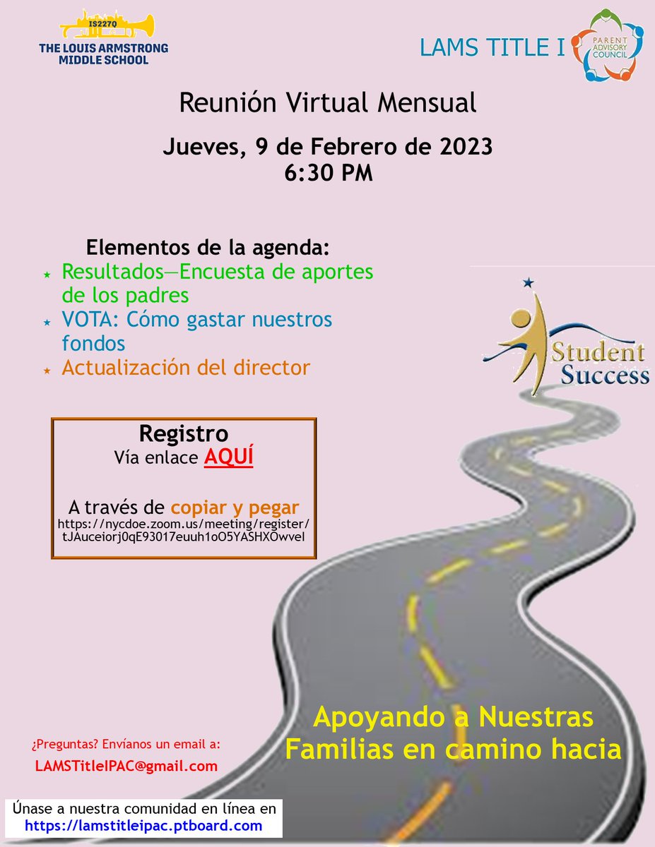 IS227Queens's tweet photo. Come join our Title 1 PAC Meeting this evening!
¡Únase a nuestra reunión de PAC de Título 1 esta noche!

Link to Register / ENLACE de Registro
https://t.co/fdtFnpup7U https://t.co/8tBz6ed8Hy