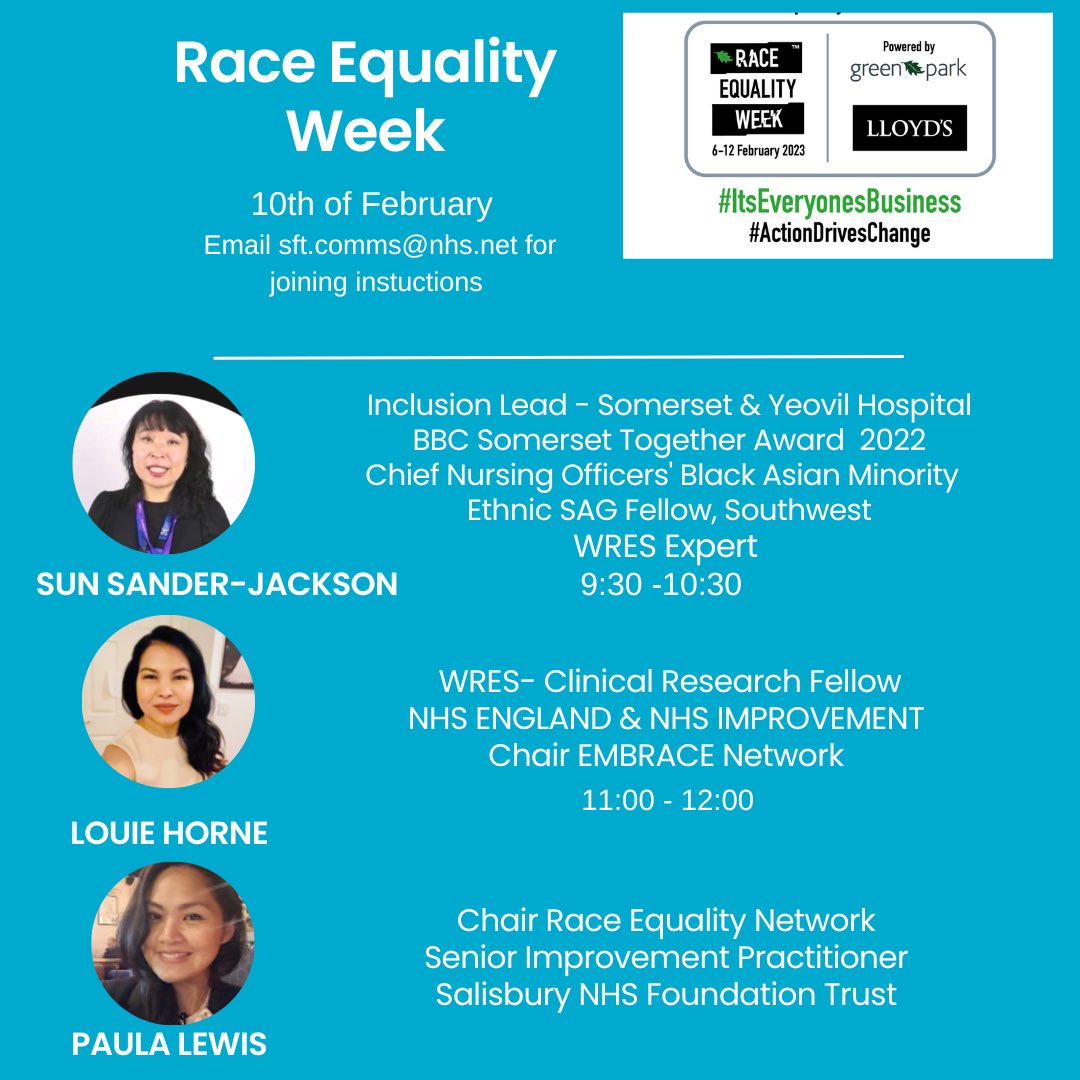 We are looking forward to tomorrow’s speakers! ⁦Sun and Louie will be sharing their stories and journey on race equality. ⁦@SalisburyNHS⁩ @sunnysanderjac1⁩⁦@Louie_Horne⁩ #RaceEqualityMatters ⁦@Paula_Lws⁩ ⁦@BSW_Academy⁩