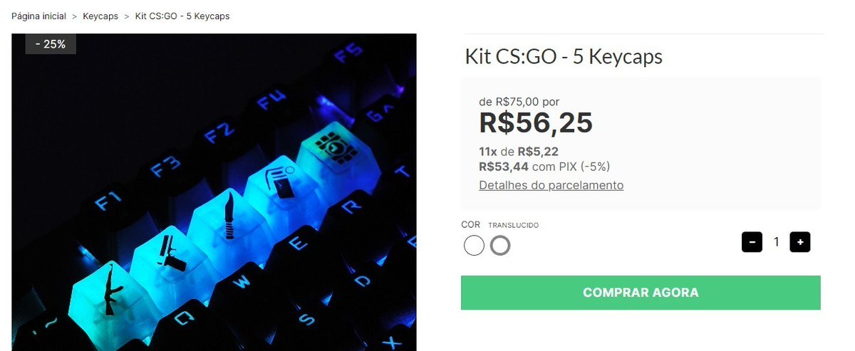 🚨 Baixou mais => 25% OFF 🚨
Kit 5 Keycaps do CS:GO
Branco ou Translucido

De: ~R$75,00~
Por: R$53,44
ou *11x de R$5,22*

simplagamer.com.br/kit-cs-go-5-ke…