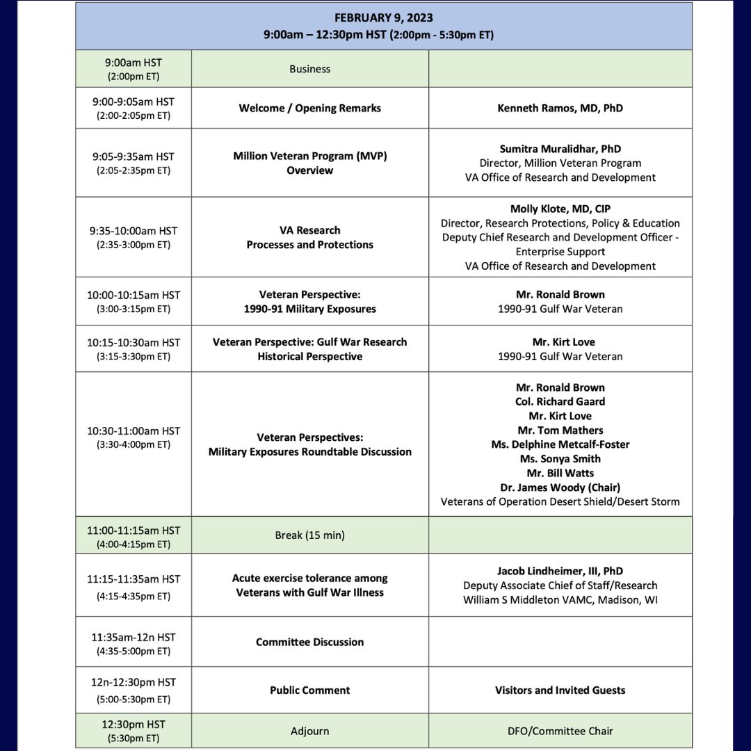 Today from 2-5:30 p.m. EST-

Tune into Day 2 of The Research Advisory Committee on Gulf War Veterans’ Illnesses

🔗veteransaffairs.webex.com/veteransaffair…

#GulfWarIllness #GulfWarVeteran #GulfWarIllnessResearch