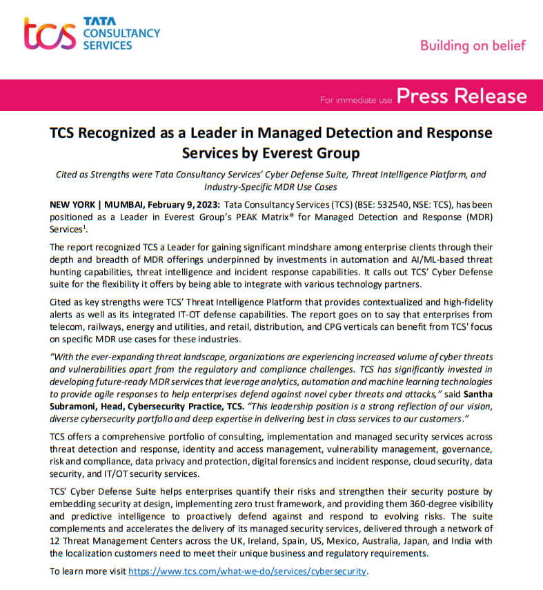 TCS Recognized as a Leader in Managed Detection and Response Services by Everest Group

#TCS #RECOGNIZED #LEADER #MANAGEDDETECTION #RESPONSESERVICES #EVERESTGROUP