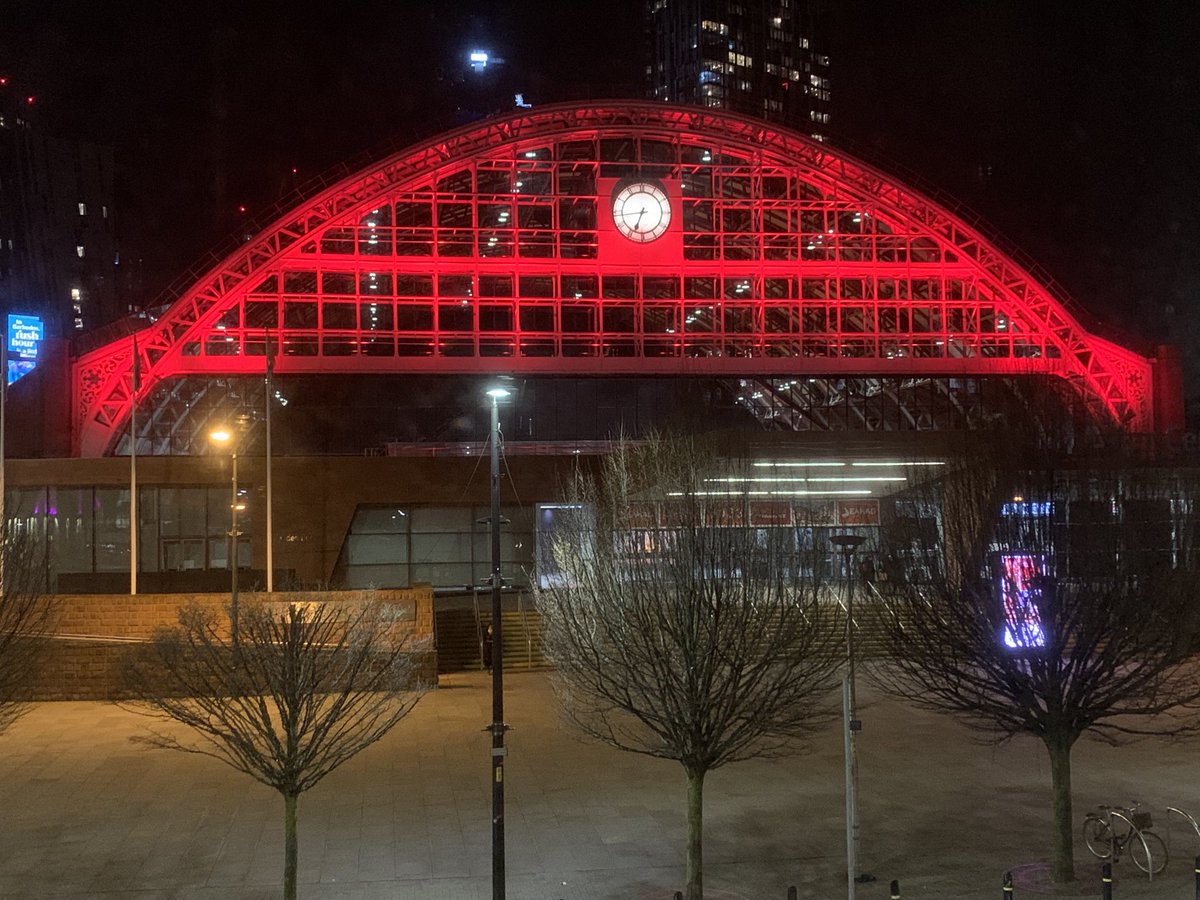 Not sure why ⁦<a href="/ManchesterCen/">Manchester Central</a>⁩, the venue for #EAHAD2023, turned red tonight. It is such a great conference venue. #Hemophilia #Haemophilia