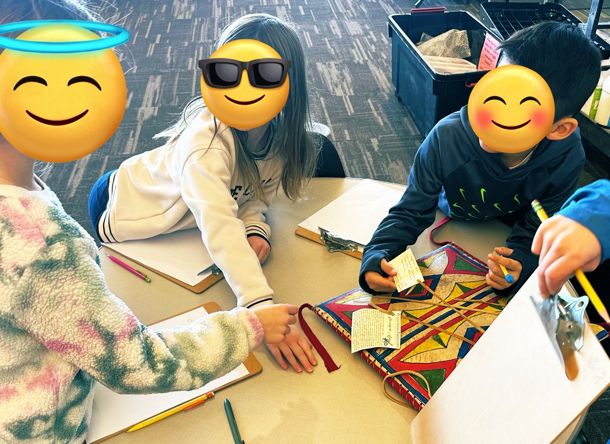 Students practicing #observation skills and #inquirylearning in this Native American artifact investigation in our library! The buffalo bladder water bottle and Buffalo chips are always a hit 😉