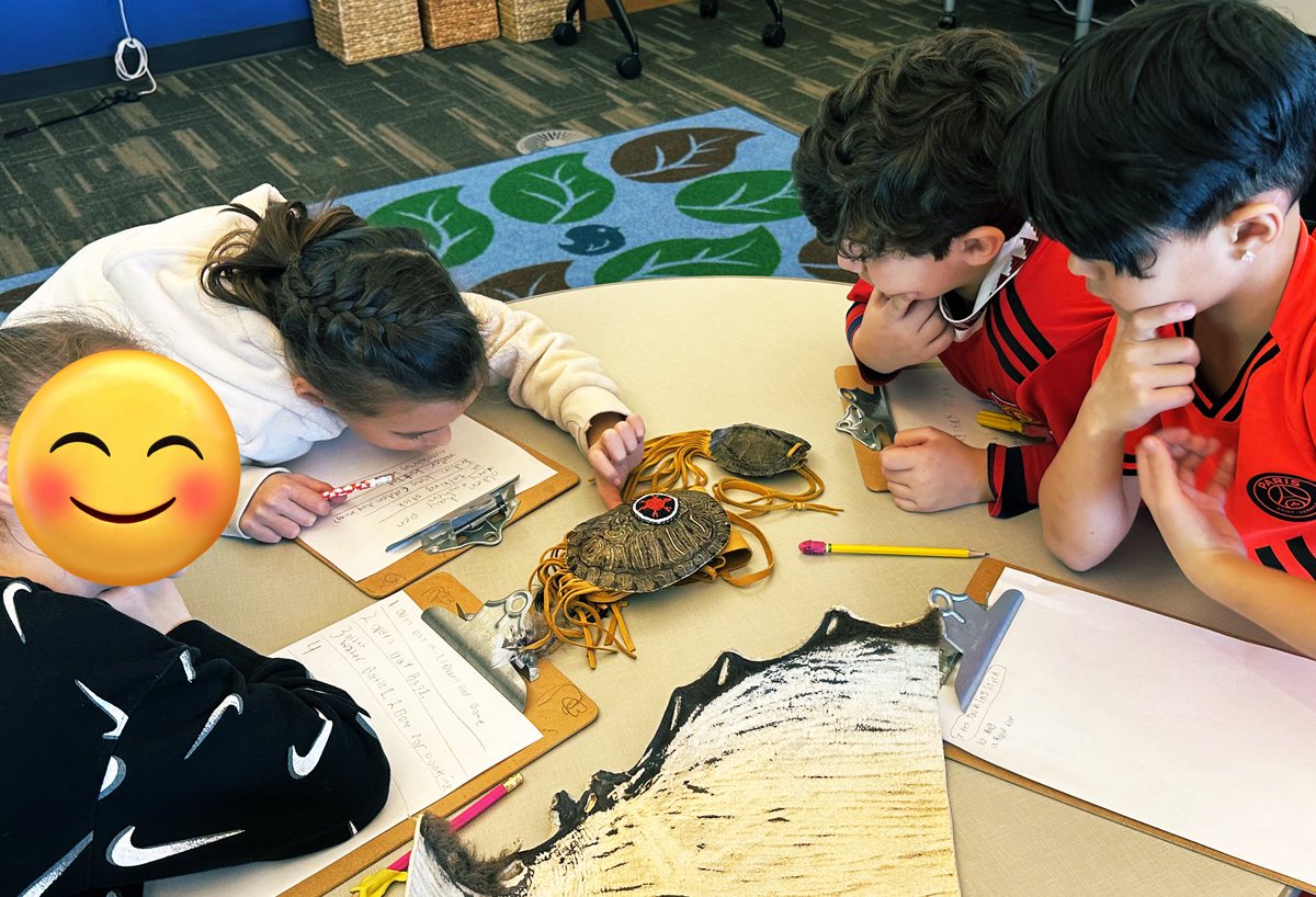 WSELibrary's tweet photo. Students practicing #observation skills and #inquirylearning in this Native American artifact investigation in our library! The buffalo bladder water bottle and Buffalo chips are always a hit 😉 https://t.co/RokhjHo5UP