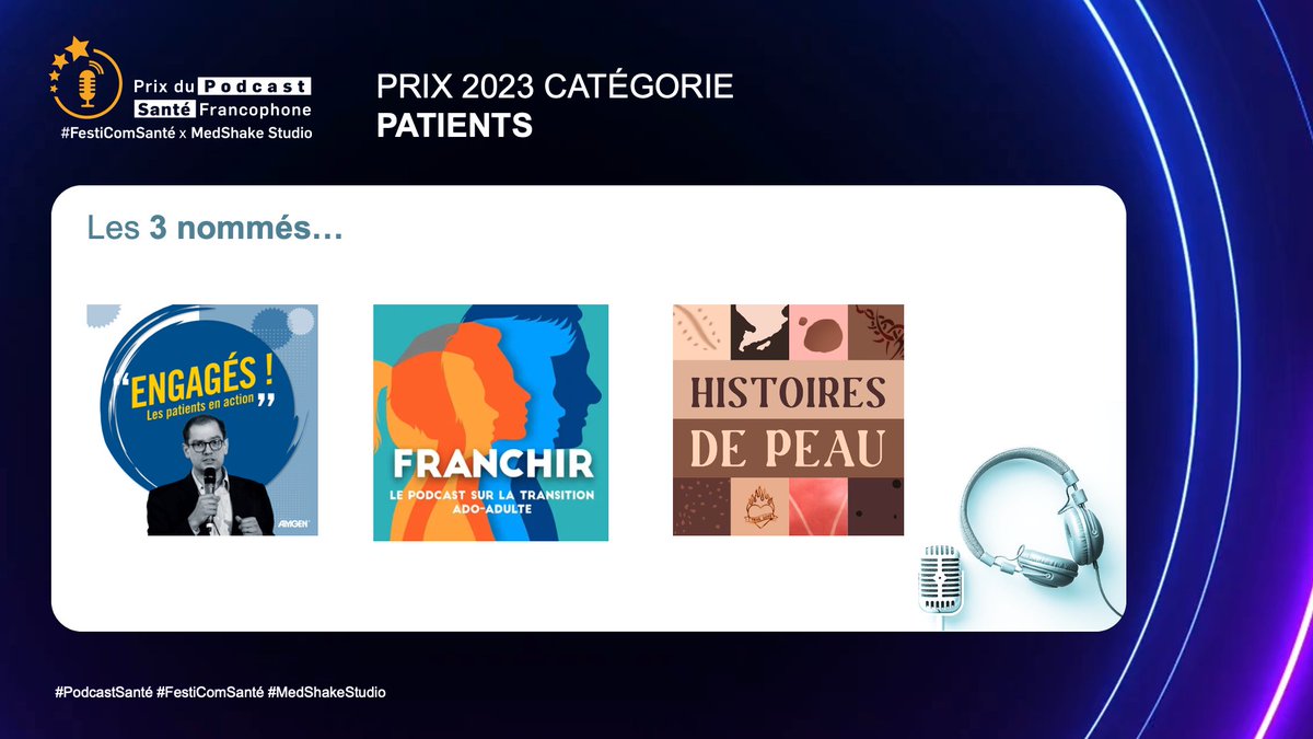 🎙️🏆 Prix #PodcastSanté Francophone #FestiComSanté X <a href="/medshakestudio/">MedShake Studio</a> 
🧑‍🤝‍🧑Catégorie Patients 🧑‍🤝‍🧑
Les nommés 
🔹 Franchir 
🔹 HISTOIRES DE PEAU 
🔹 Engagés ! Les patients en action 
#podcast #santé #patients #hcsmeufr #comsanté