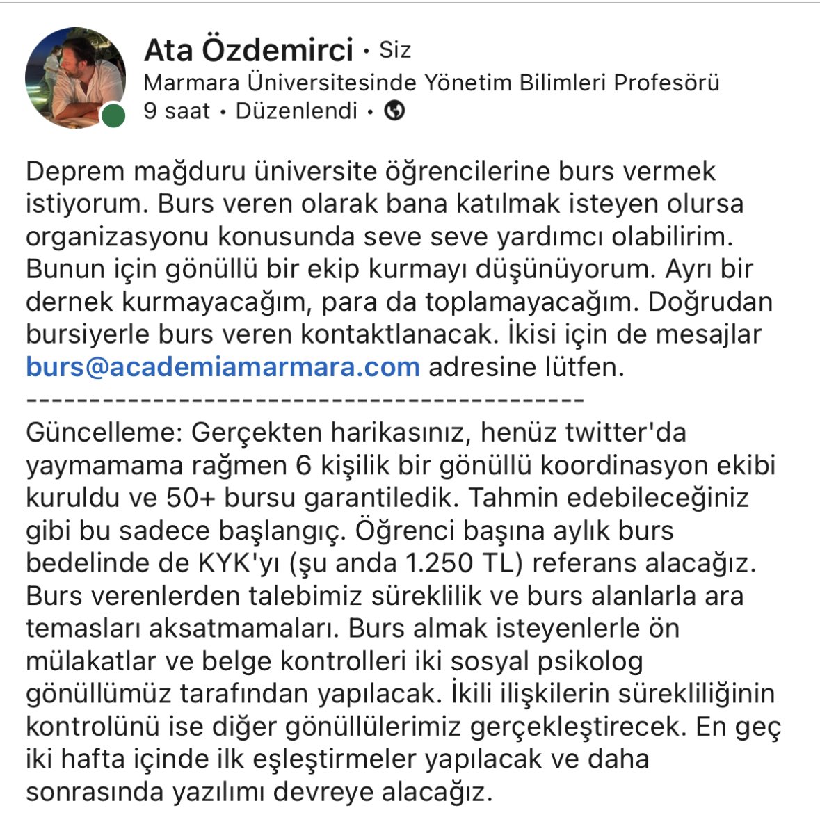 ataozdemirci's tweet photo. gönüllü ekibi tamam, ilk reaksiyonlar da çok olumlu. benim aklıma bu geldi, hedefim hiç paraya dokunmadan en az bin deprem mağduru üniversite öğrencisine ve burs verene ulaşmak. lütfen paylaşalım. https://t.co/KhFHRSxJeZ