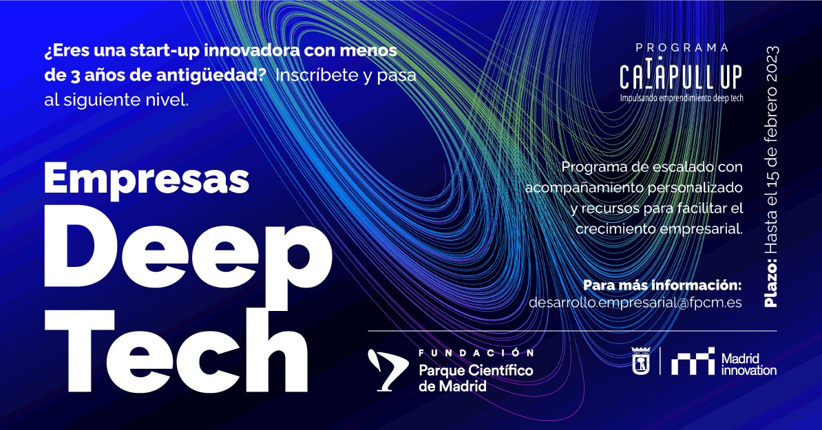 milmadrid_'s tweet photo. 📢 Ya está abierta la convocatoria para la segunda edición de #CaTaPullUP, un programa de escalado dirigido a start-ups innovadoras de base tecnológica. 🙌🙌
❗Inscríbete hasta el 15 de febrero: https://t.co/RUUrv1ney5
#StartUps #Innovation https://t.co/qx1InihmCH