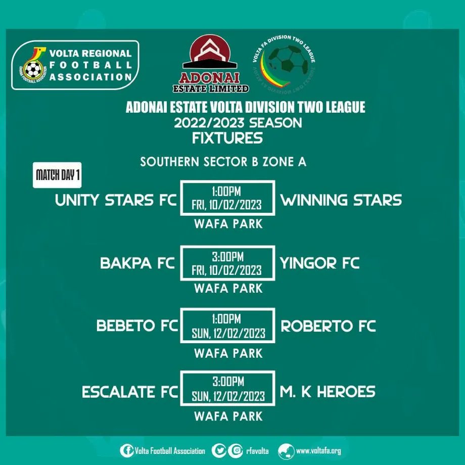 Bebeto Football Club (@bebetofcgh) on Twitter photo The 2022/2023 <a href="/AdonaiEstateLtd/">Adonai Estate Limited</a> <a href="/RFAVolta/">Volta Football Association</a> Division 2 league kicks off tomorrow at various game centres.
We will be taking on Roberto FC (Local Derby) in our first game of the season on Sunday at the WAFA Park!!! #BebetoFC #Edzoleme #OnlyGod ๐๐ผโฝ๏ธ The 2022/2023 <a href="/AdonaiEstateLtd/">Adonai Estate Limited</a> <a href="/RFAVolta/">Volta Football Association</a> Division 2 league kicks off tomorrow at various game centres.
We will be taking on Roberto FC (Local Derby) in our first game of the season on Sunday at the WAFA Park!!! #BebetoFC #Edzoleme #OnlyGod ๐๐ผโฝ๏ธ