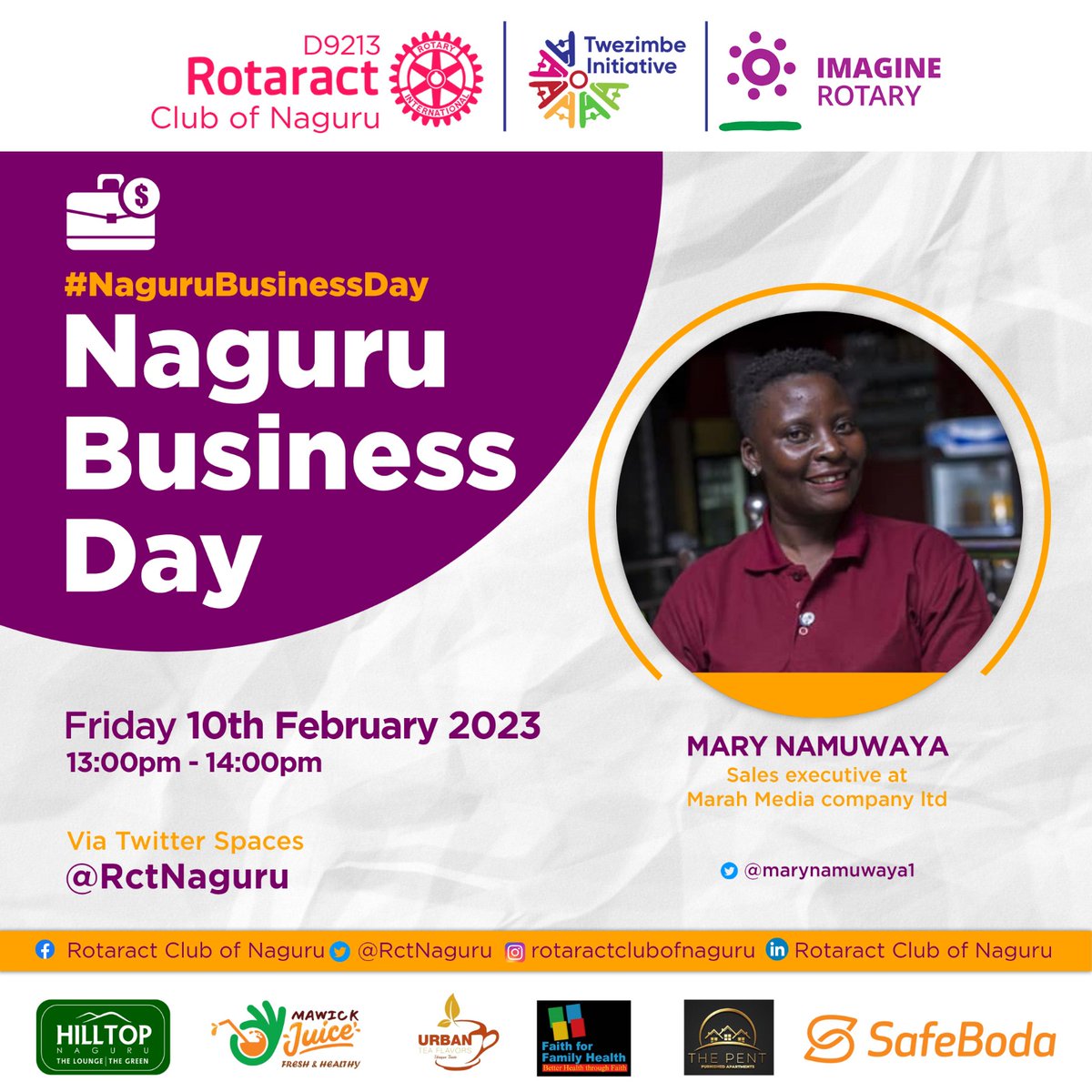 Marynamuwaya1's tweet photo. *Date* : 10th February 2023
*Time* : 13hrs to 14hrs
*Guest* : AP Mary Namuwaya
*Venue* : Twitter spaces ; @Rct Naguru
Join us this Friday
https://t.co/FG9htsHr46
#NaguruBusinessDay
#TheCartels
#ImagineRotary https://t.co/qlD2QS6rKv