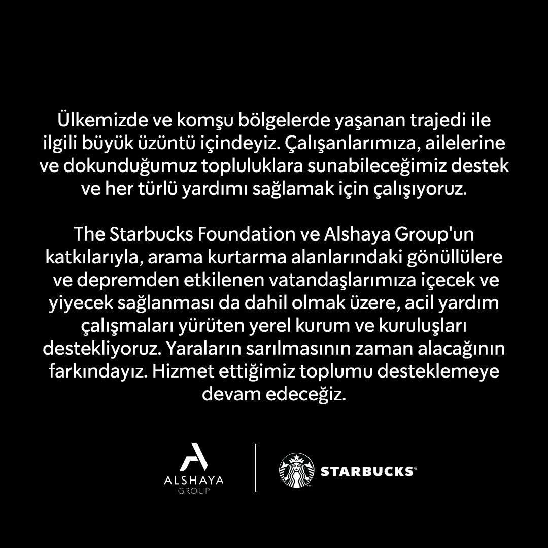 StarbucksTR's tweet image. Starbucks Türkiye olarak bu zor günlerde;
Depremin ilk anından itibaren deprem bölgesindeki yöneticilerimizle irtibat halindeyiz ve yapılan çalışmaları yakından takip ediyoruz.