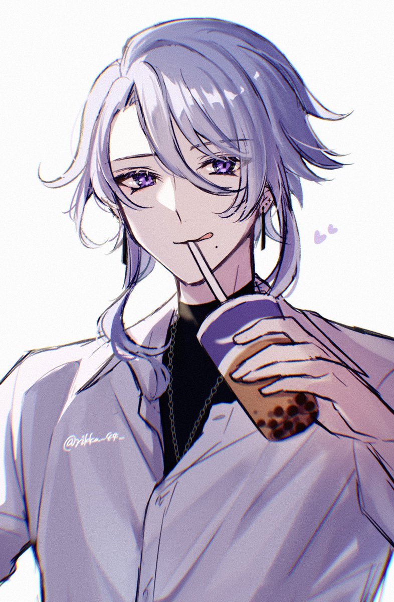 kamisato ayato bubble tea 1boy male focus mole under mouth mole solo tongue out  illustration images