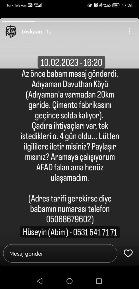 selinsbjk's tweet photo. @TraderMiraculos @efloud Adıyaman davuthan köyü
1 saat önce arkadaşımın babası hala yardım gelmiyor demiş. İletişim için bilgi de mevcut https://t.co/KPgTE5AmEK