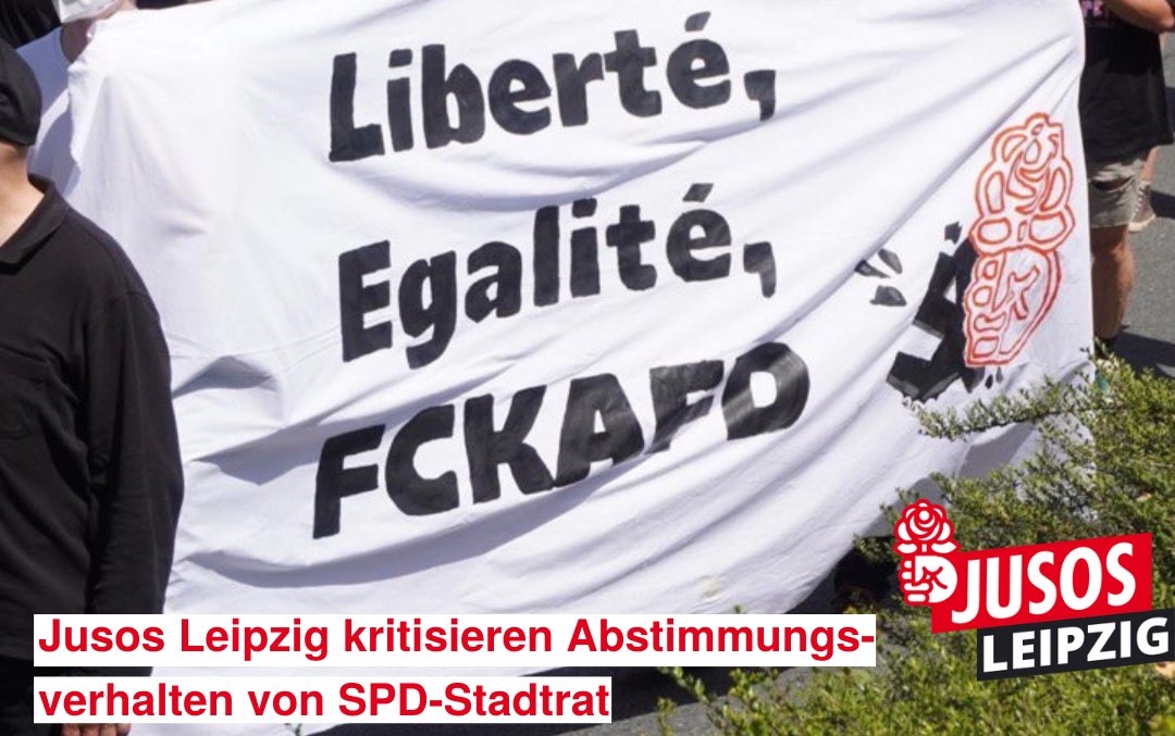 JusosLeipzig's tweet photo. In der gestrigen Sitzung des Stadtrats #srle hat sich Andreas Geisler (SPD) bei einer Anfrage der AfD zur geplanten Geflüchtetenunterkunft in Stötteritz, entgegen der SPD-Fraktion, enthalten. Dies ist in unseren Augen inkonsequent und inakzeptabel. [1/3] https://t.co/3LUGAtFTSz