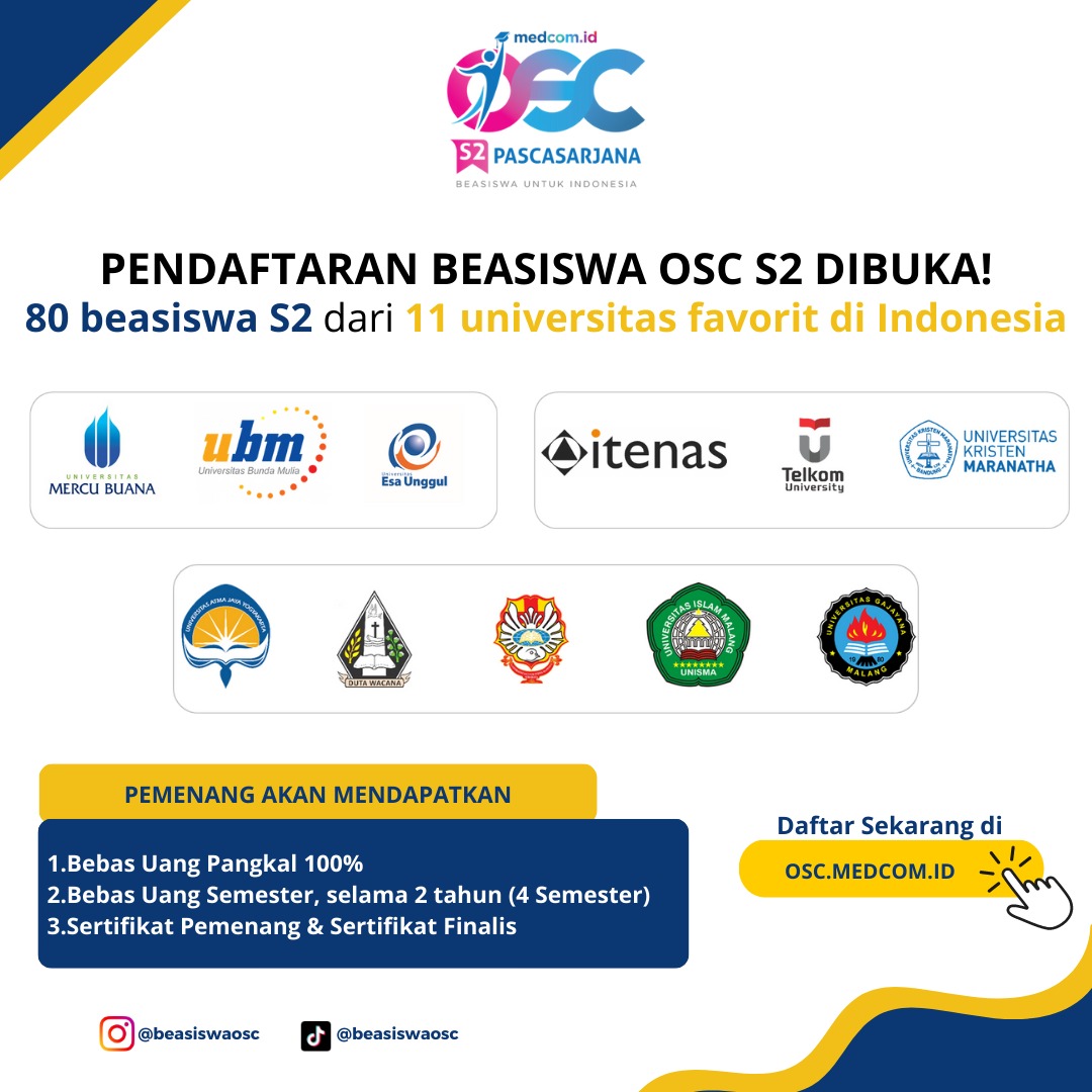Metro_TV's tweet photo. Mau kuliah S2 dengan beasiswa full hingga lulus? Raih Beasiswa lulus dari 11 Universitas favorit di Indonesia! Ada 80 Beasiswa OSC S2 yang siap diperebutkan. Segera daftarkan diri kalian di https://t.co/20oS4kksO2 sekarang juga! 

#OSCMedcom2023 #OSCMedcomid #beasiswaOSC https://t.co/1vIqQKvBAb