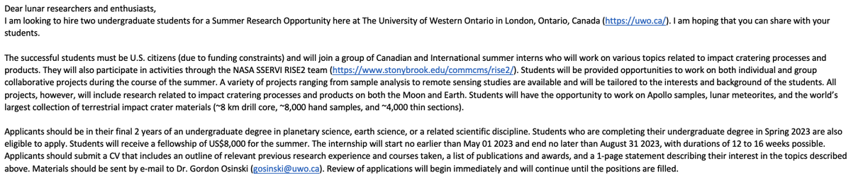 Please share: I am looking to hire 2 US undergraduate students for a summer research opportunity here at @westernu 🇨🇦 - students will work on impact cratering processes &amp; products on both the Earth &amp; #Moon - details below 👇