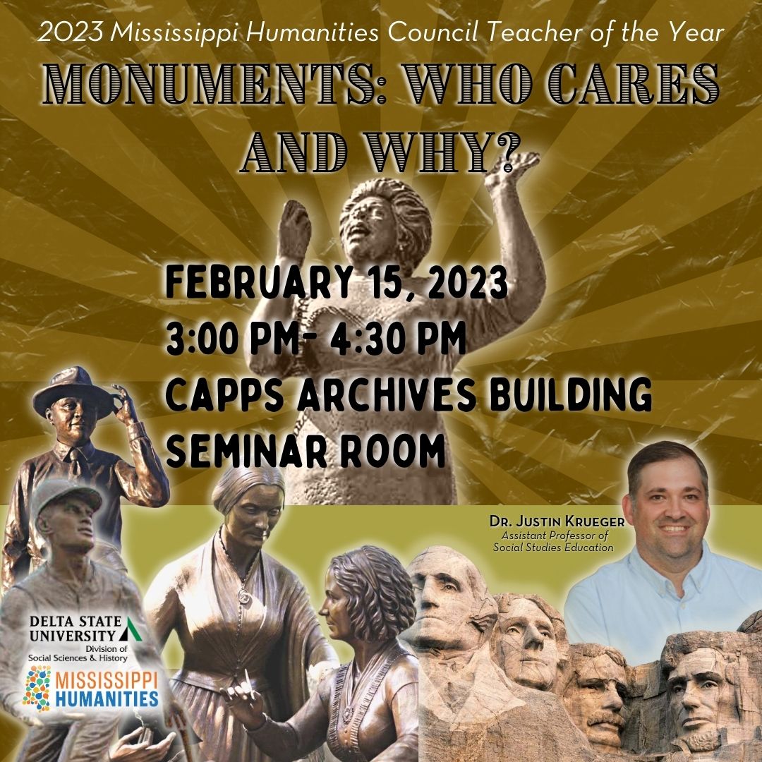 DeltaStateDSSH's tweet photo. We are so proud of Dr. Justin Krueger for being named the Mississippi Humanities Council Humanities Teacher of the year for DSU! Join us Wednesday for his presentation in honor of this award! https://t.co/Z59XtL5wKE