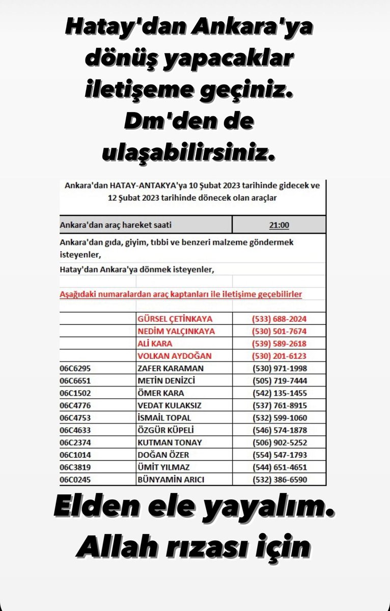 Damla_Krm's tweet photo. Yarın için servisci arkadaşlarımız yardım için yola çıkacaklar ve 12 Şubat'ta geri dönecekler Ankara'ya gelecek akrabalari olanlar aşağıdaki iletişim numaralarından şoförlerimize ulaşabilirler. Allah hepimizin yardımcısı olsun... #depremsondakika #AHBAP #OguzhanUgur https://t.co/Me9x8NcXYT
