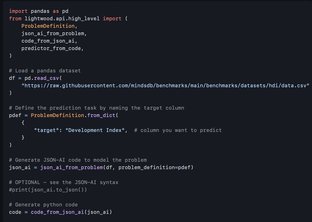 Let's see how this works:✅

1️⃣ Load data in Pandas and define a 'ProblemDefinition' via dictionary specifying the name of the target column.

2️⃣ Now Create a JSON-AI syntax using 'json_ai_from_problem' function

3️⃣ From Json AI generate a python code using 'code_from_json_ai'