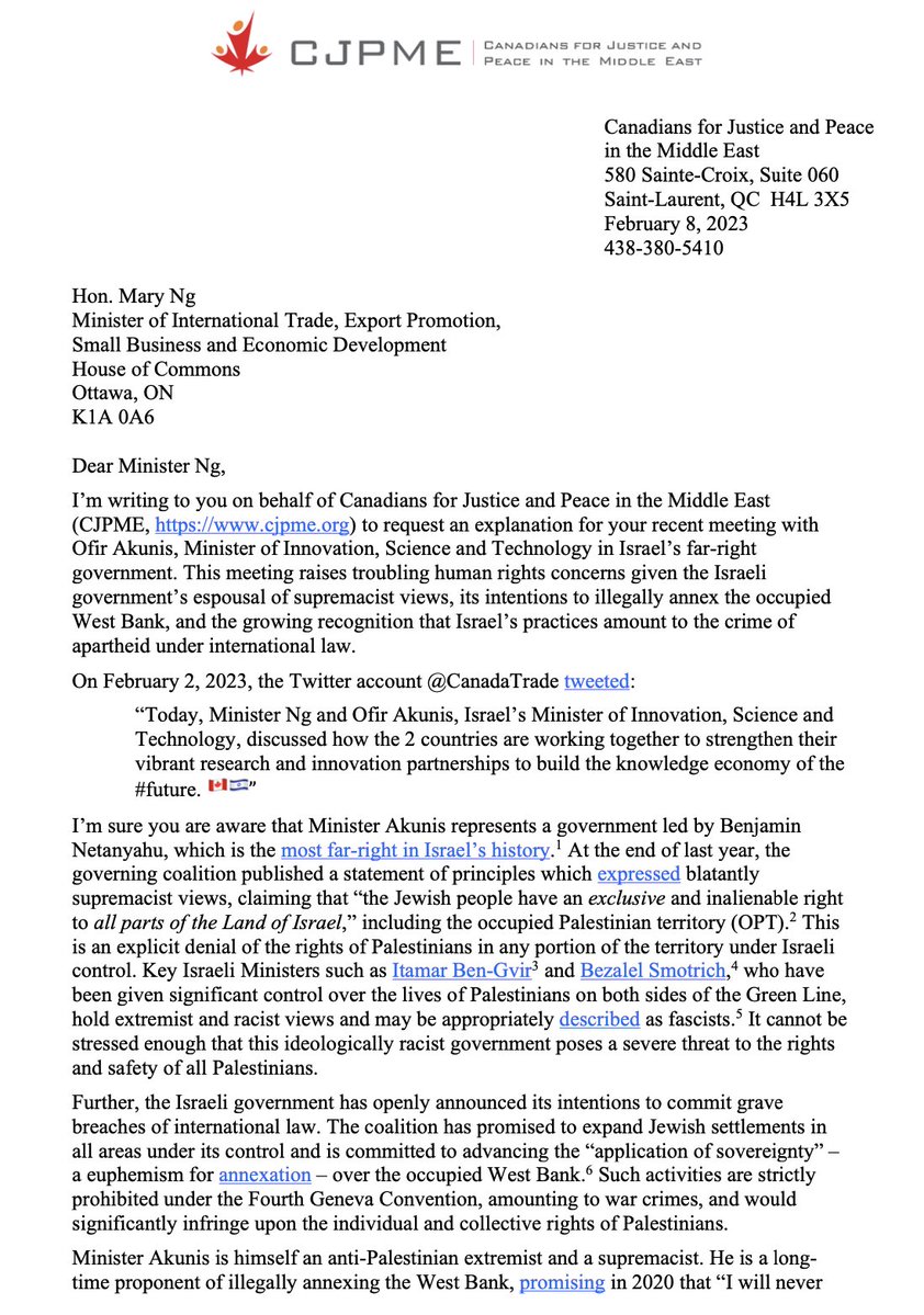 CJPME's tweet photo. NEW: CJPME has sent a letter to Canada's trade minister @mary_ng, demanding an explanation for her recent meeting with an extremist minister in Israel's far-right, annexationist, supremacist government. https://t.co/Awrj7LFS6l @CanadaTrade #NoSharedValues #cdnpoli https://t.co/kgpfrtIfnd