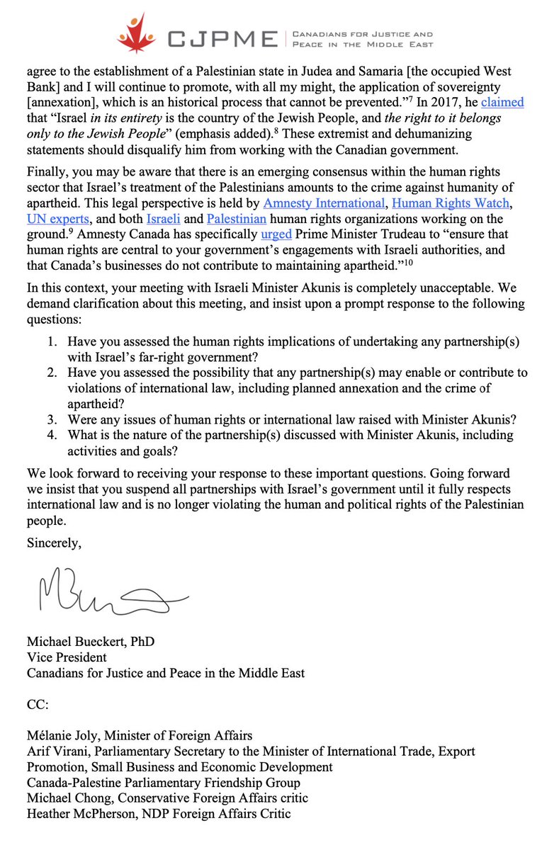 CJPME's tweet photo. NEW: CJPME has sent a letter to Canada's trade minister @mary_ng, demanding an explanation for her recent meeting with an extremist minister in Israel's far-right, annexationist, supremacist government. https://t.co/Awrj7LFS6l @CanadaTrade #NoSharedValues #cdnpoli https://t.co/kgpfrtIfnd