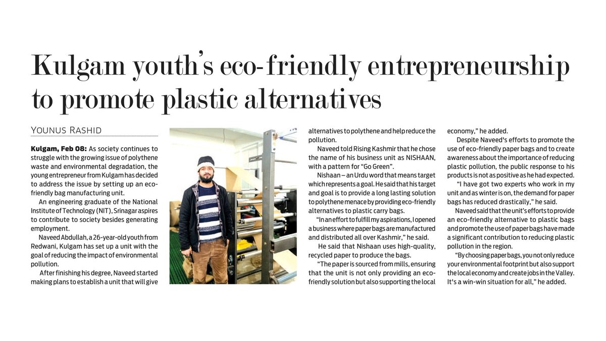 'Say goodbye to plastic, say hello to eco-friendly paper bags! Join the movement for a better future.' @DrBilalbhatIAS 
Read : risingkashmir.com/kulgam-youths-…
.
@nishaanpaperbag
.
Story covered by @YounusRashid97 
E paper : @RisingKashmir