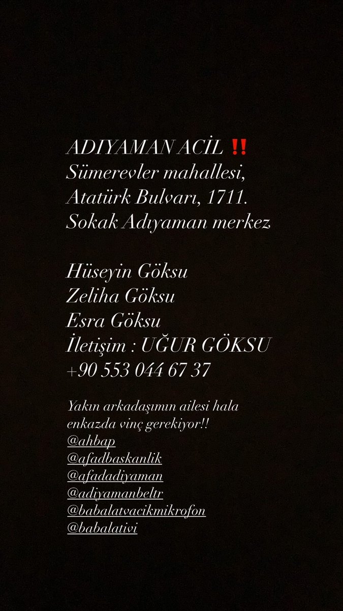 Yaşayanlar var ama vinç gerekiyor teyitli bilgi 
⁦<a href="/AFADBaskanlik/">AFAD</a>⁩ ⁦<a href="/ahbap/">Ahbap</a>⁩ ⁦<a href="/BabalaTv/">BaBaLa TV</a>⁩ ⁦<a href="/OguzhanUgur/">Oğuzhan Uğur</a>⁩ ⁦<a href="/haluklevent/">Haluk Levent ( Ahbap Ekibi )</a>⁩ ⁦<a href="/ProfDemirtas/">Özgür Demirtaş</a>⁩