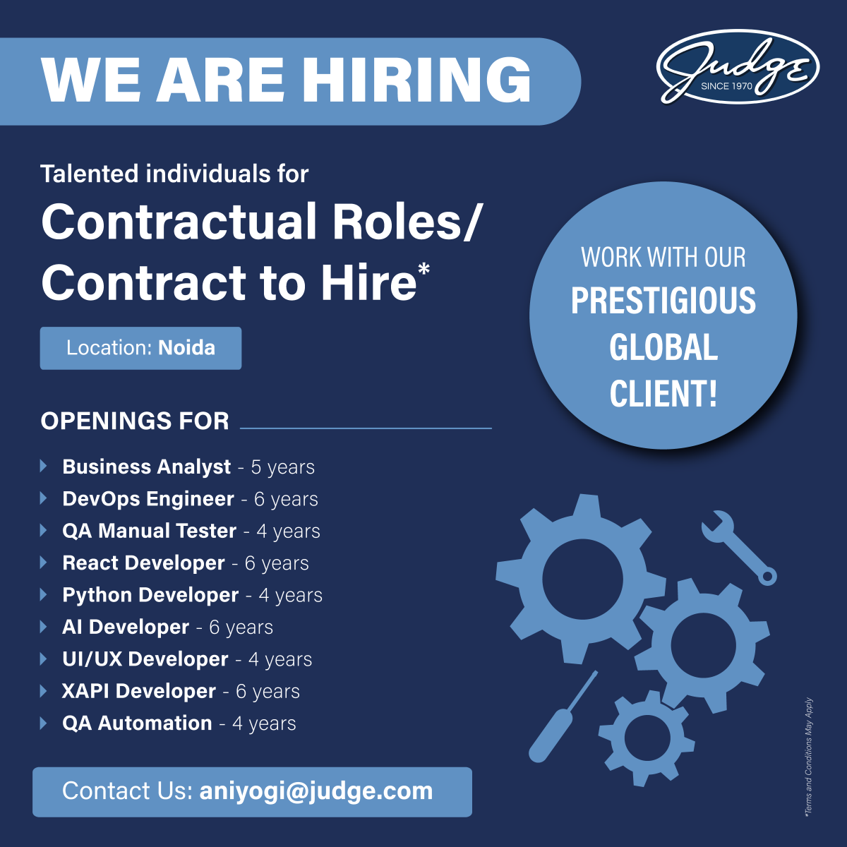 Judge_India's tweet photo. #HiringAlert
Do you want to work with prestigious global brands and be a part of a team that accelerates global transformation through technology?

If yes, apply now by sending in your resumes to ANiyogi@judge.com

#JudgeIndiaSolutions #Jobs #Hiring #JobAlert https://t.co/379VtvMQEg