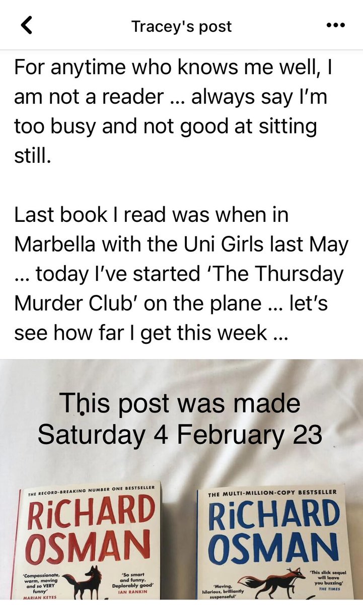 traceyapalmer's tweet photo. Wow thank you #richardosman and thanks to the rain in Spain I have chewed through this book ๐ really wonder, I cannot wait to start the next one! #reluctantreader #thethursdaymurderclub https://t.co/yneoyas7j2