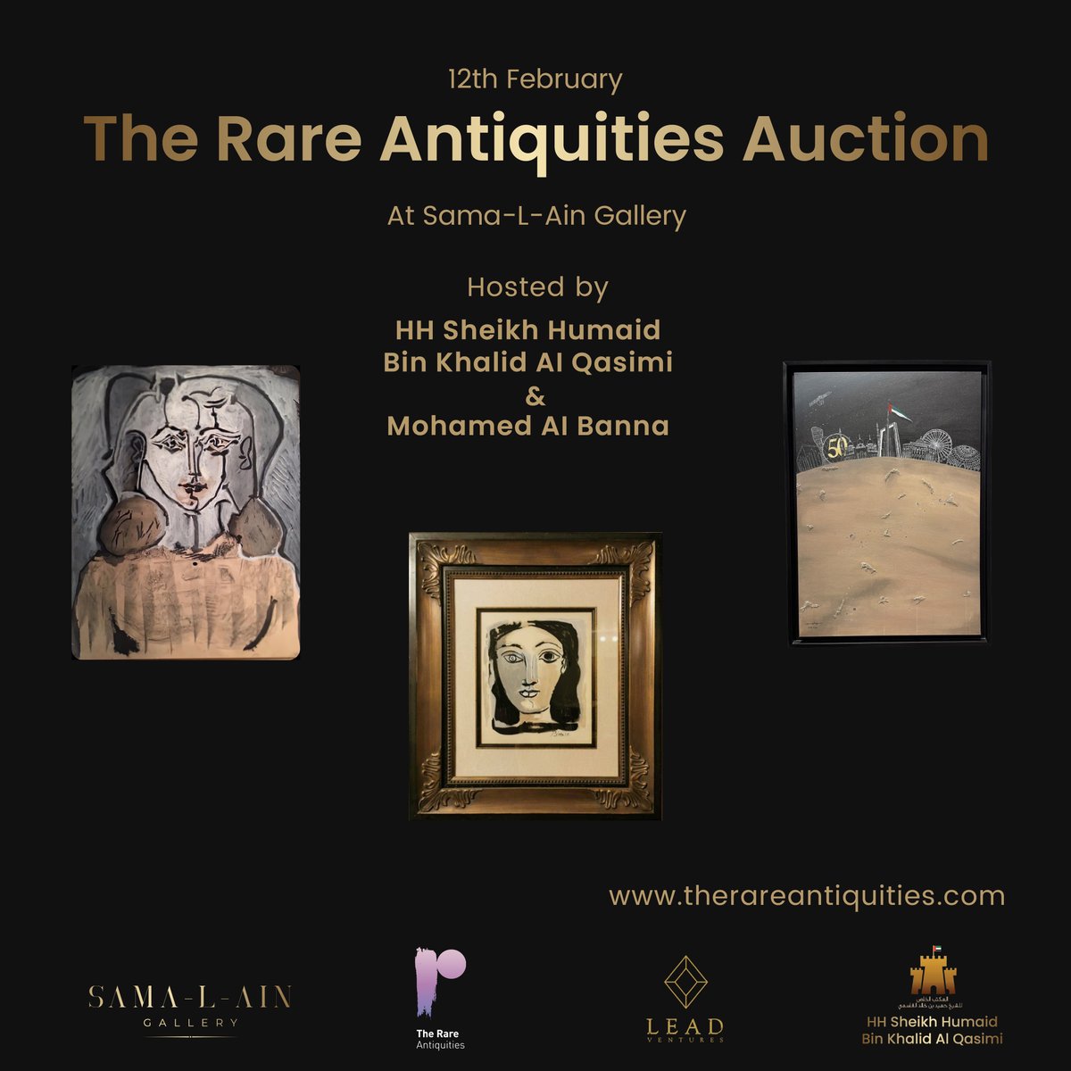 TheRareAge's tweet photo. Join us at The Rare Antiquities Auction featuring 3 of Pablo Picasso's pieces &amp; the Royal Painting commemorating UAE's 50th anniversary by the mother of Sheikh Humaid Bin Khalid Al Qasimi our gracious host together with Mohamed Al Banna.

📅 Feb. 12th - 7PM
📍Sama-L-Ain Gallery https://t.co/jypK21knyv