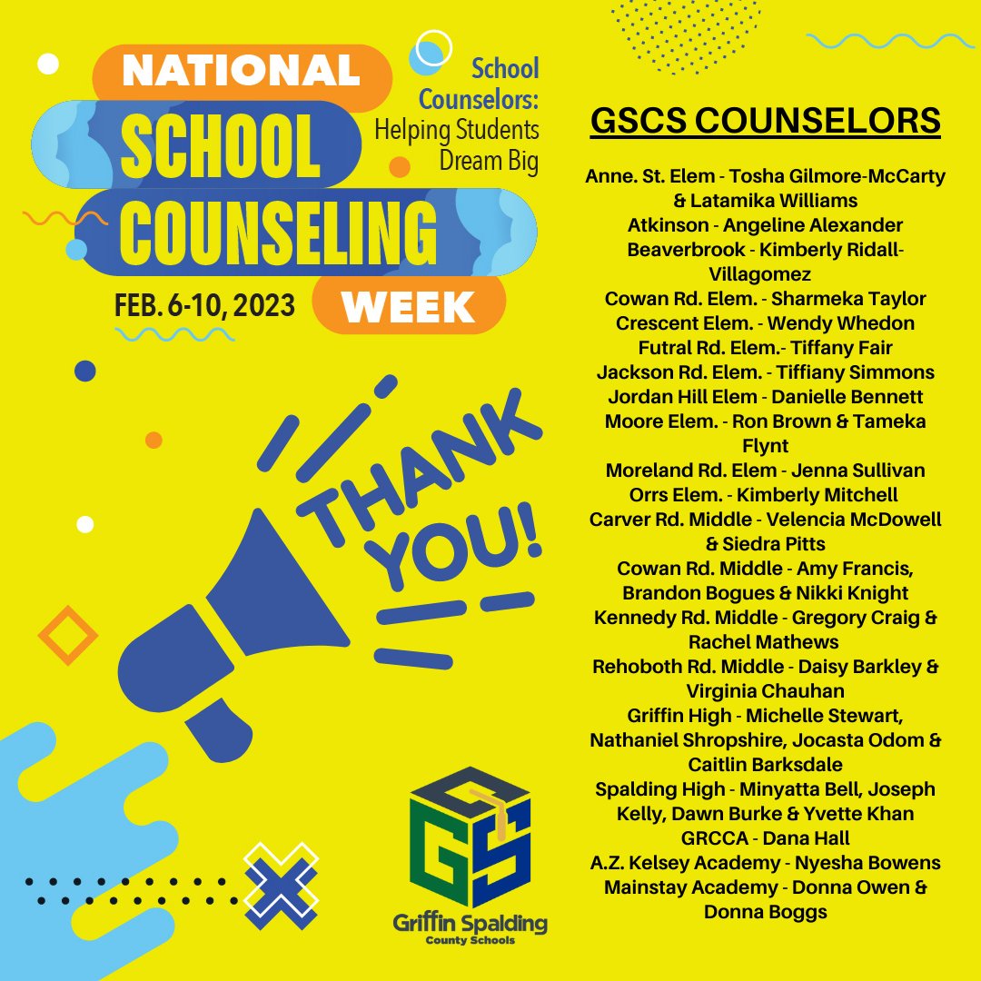 Griffin-Spalding K12 (@griffinspalding) on Twitter photo Happy National School Counseling Week! Thank you to all our <a href="/GriffinSpalding/">Griffin-Spalding K12</a> school counselors for helping our students succeed and dream big! Celebrate your school counselor this week! #NSCW23 Happy National School Counseling Week! Thank you to all our <a href="/GriffinSpalding/">Griffin-Spalding K12</a> school counselors for helping our students succeed and dream big! Celebrate your school counselor this week! #NSCW23