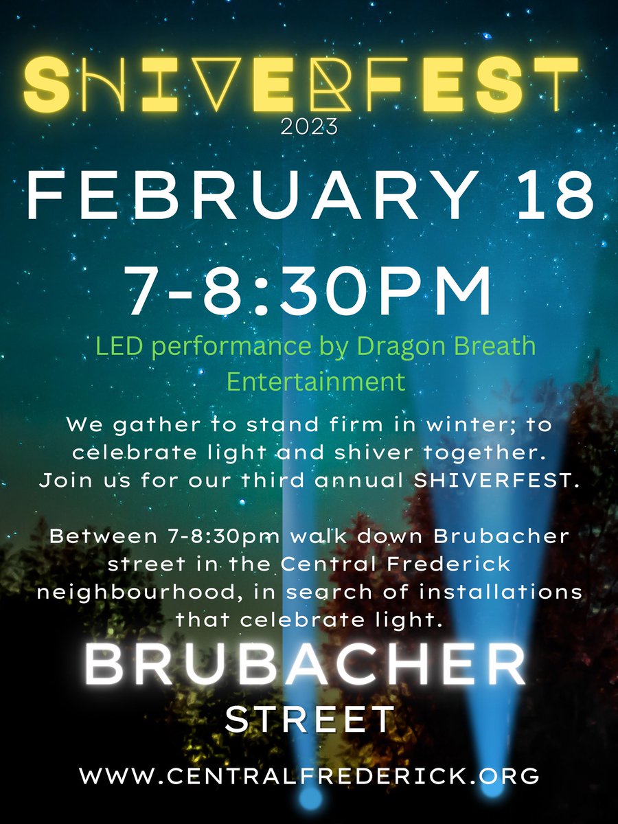 We're excited to share that there will be a special LED performance by Dragon Breath Entertainment at this years Shiverfest happening February 18 from 7-8:30pm on Brubacher Street. 

See you there neighbours! 
centralfrederick.org/shiverfest