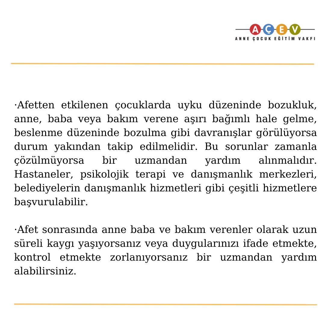 Anne, baba ve çocuğa bakım verenler olarak afet döneminde çocuğunuzu nasıl destekleyebilirsiniz? 
 
#AÇEV