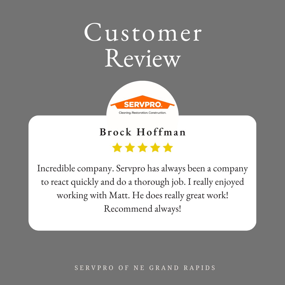 We love hearing positive feedback from our customers! It’s why we do what we do! 🟢🟠

#feedback #review #customer #servpro #service #company #heretohelp #february #thursday #michigan #grandrapids #fivestar #insurance #westmichigan #24hrs