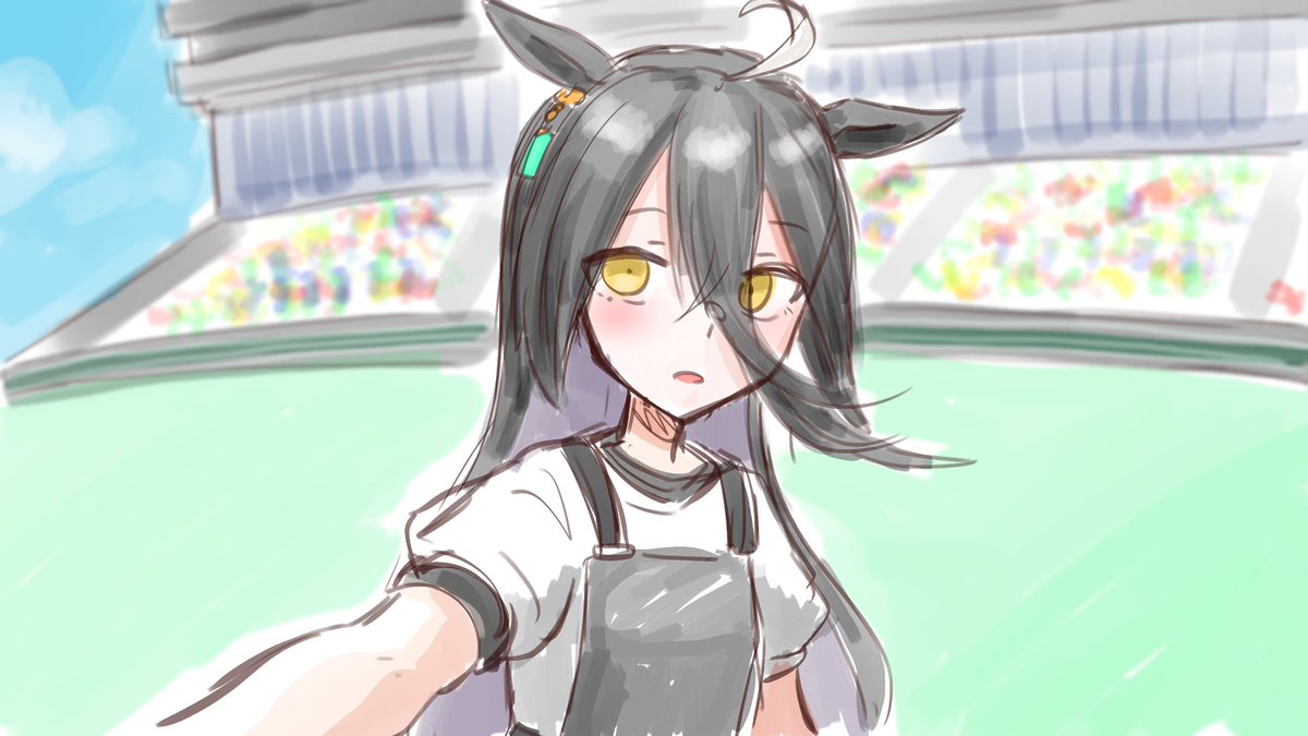 manhattan cafe (umamusume) 1girl animal ears horse ears black hair long hair yellow eyes ahoge  illustration images