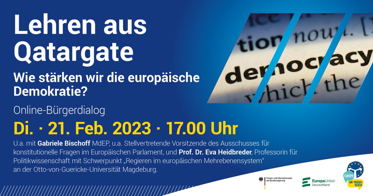 EUD_Dialog's tweet photo. ❓Wie kommt eigentlich die Aufarbeitung des Korruptionsskandals #QatarGate voran? Darüber möchten wir mit euch und u.a. @gabischoff und @EGHeidbreder bei unserem ersten #euddialog des Jahres am 21.2. um 17 Uhr sprechen. 💡Anmeldung 👉 https://t.co/R2aorJyPpO #EuropaWirMüssenReden https://t.co/V6uqr5rWfU