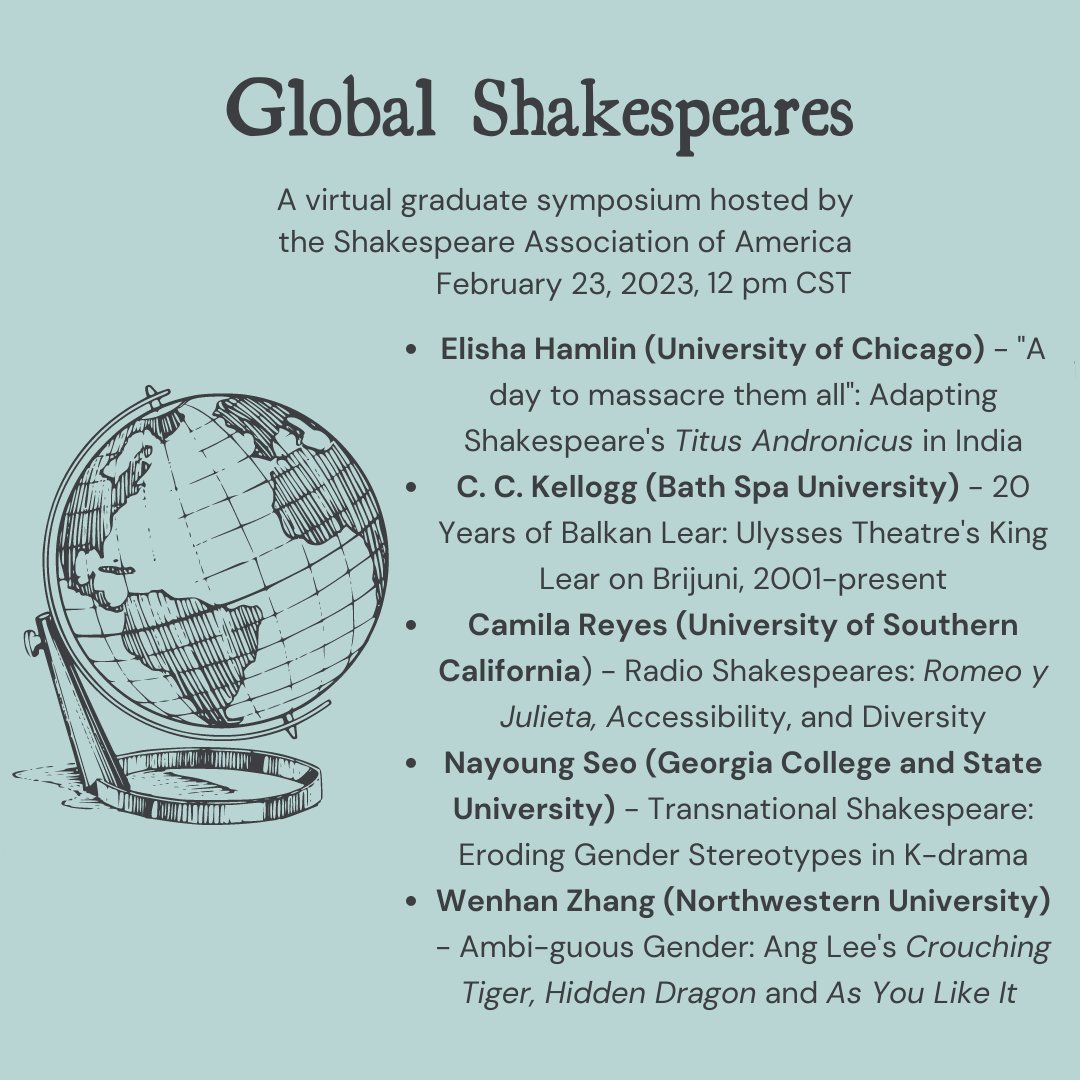 SAA’s graduate symposium is just two weeks away! Members are welcome to join us for Global Shakespeares -- we can't wait to meet and learn from some brilliant #ShaxGrads. 

Save the date: February 23 at 12pm CST. Link coming soon!