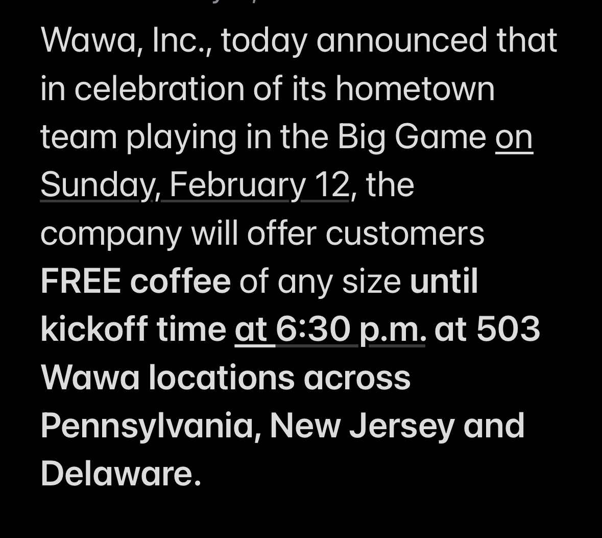 Billy Penn on X: INBOX: Free @wawa coffee for everyone on Sunday, any size,  all day untill kickoff  / X
