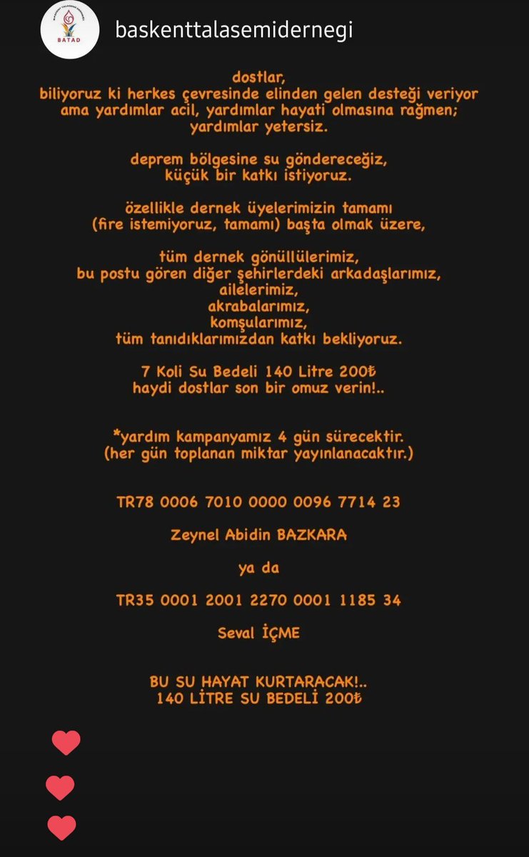 Başkent Talasemi Derneği
bu paylaşım sonrası bir su firmasından 200 Litre su için 200 TL fiyat almış. Bize bizden başka fayda sağlayacak olan yok 4 bir koldan ne yapacaksak biz yapacağız.
Sizde bir omuz atın dostlar..
#depremsondakika #AHBAP #OguzhanUgur #Turkey #DEPREMYARDIM