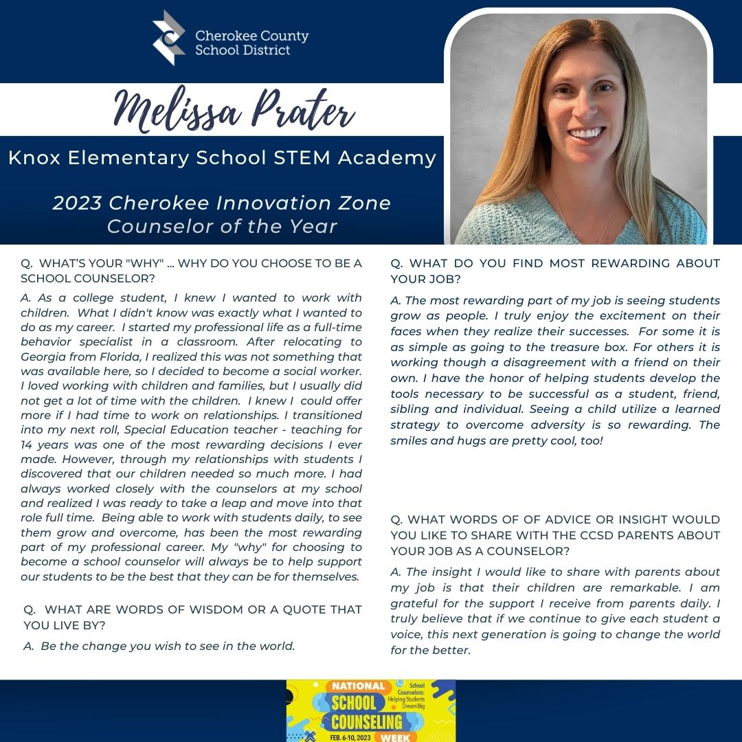 CherokeeSchools's tweet image. It’s National School Counseling Week ... the perfect week to announce CCSD’s 2023 Innovation Zone Counselors of the Year!  Stay tuned this week as we highlight each winner.  Thank you to all CCSD counselors for the impact you make in our community! #CCSDfam #CCSDcares #NSCW2023