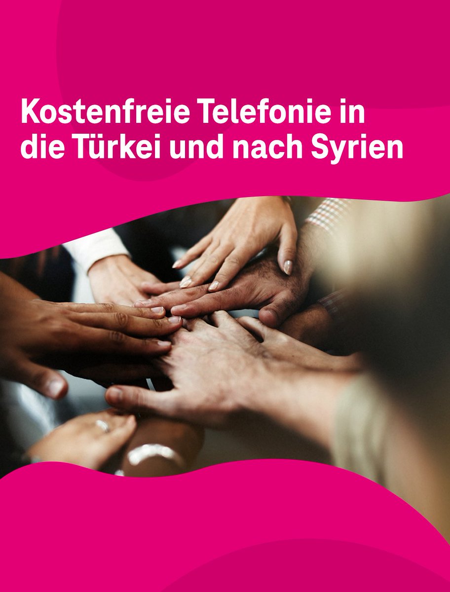 Aufgrund der aktuellen Lage ermöglichen wir allen Magenta Kund*innen (Mobilfunk und Festnetz) rückwirkend ab dem 01.02.2023 bis zum 28.02.2023 kostenfrei in die Türkei und nach Syrien zu telefonieren und SMS zu versenden.