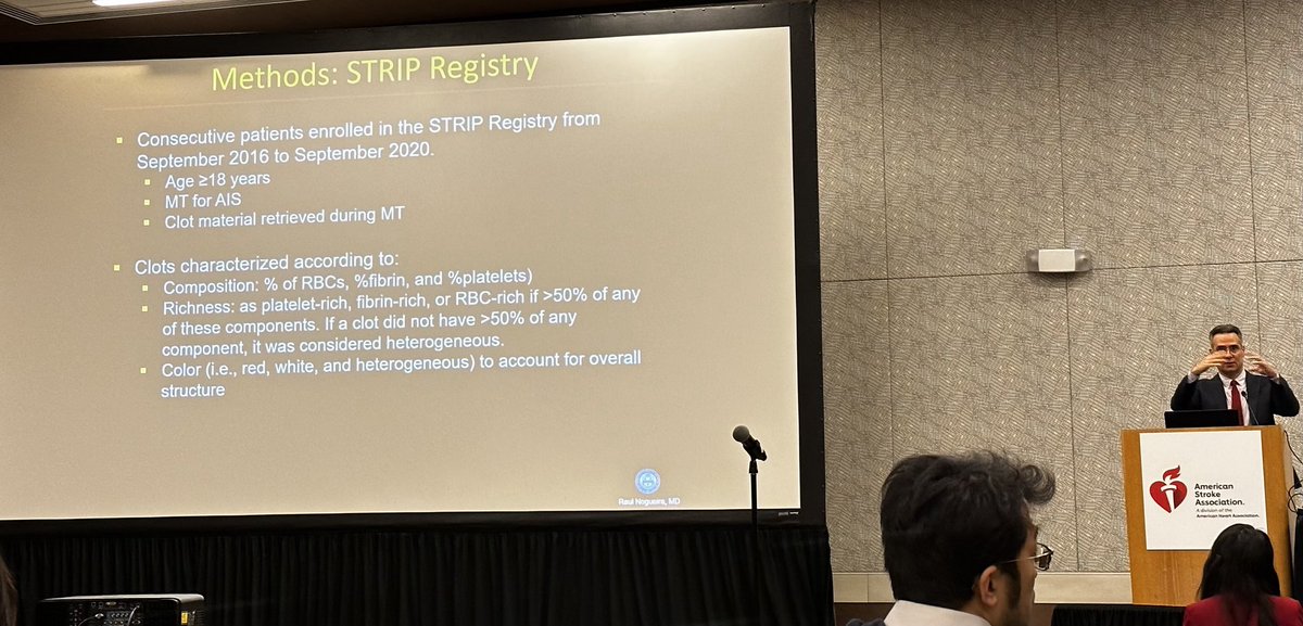 ⁦@RaulNogueiraMD⁩ presenting the results of the #STRIPregistry , the largest study looking at the association of Clot composition on angiographic outcomes. ⁦@AlAlBayati1⁩ ⁦@PittStroke⁩ ⁦@PittNeurology⁩ #ISC2023 ⁦@AHAMeetings⁩