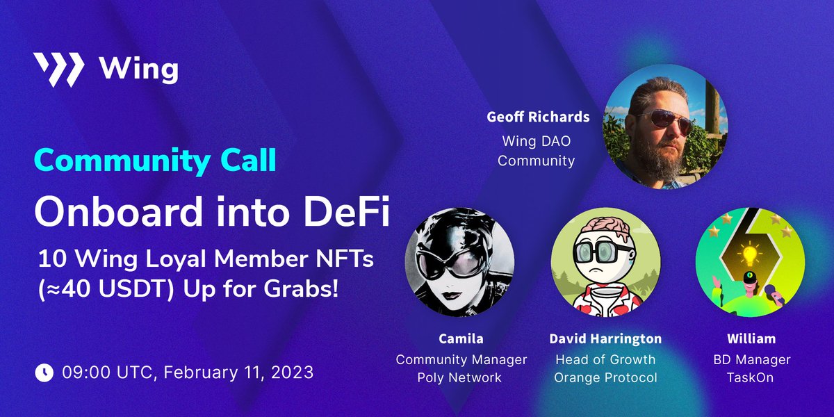 Wing_Finance's tweet photo. The Feb Community Call is coming! We're thrilled to have @PolyNetwork2🌉, @OrangeProtocol🍊&amp; @taskonxyz📜together👏

⏰09:00 UTC, Feb 11
🎙️@GeoffTRichards
🗣️@CamiLa_CM25
🗣️@taskonxyz
🗣️@OrangeProtocol

We'll guide you onboard into #DeFi and discuss its adoption😀 

Stay tuned! ✨ https://t.co/lNpQlnArgZ